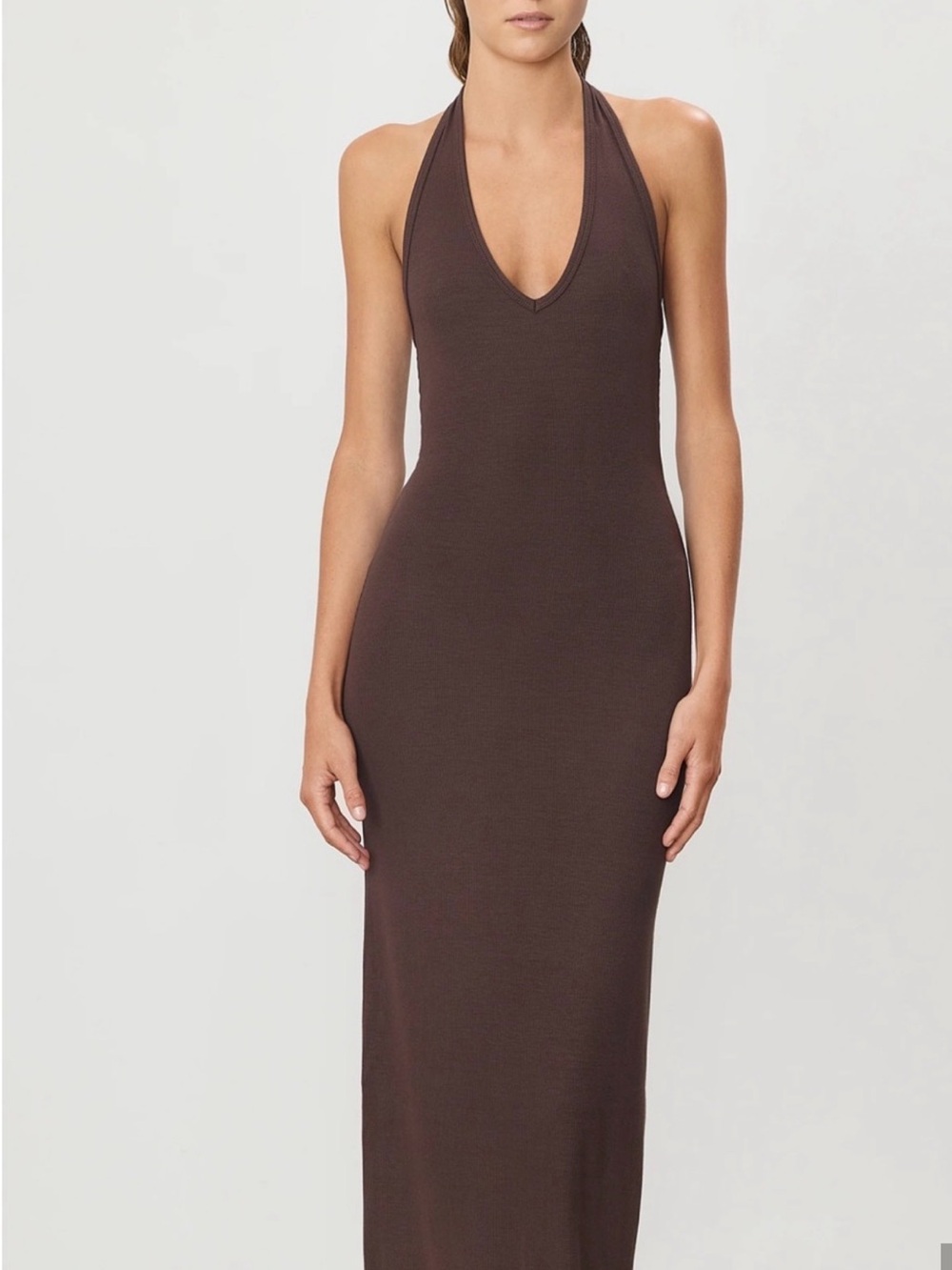 Eterne Strapless Halter Maxi Dress in Chocolate Brown